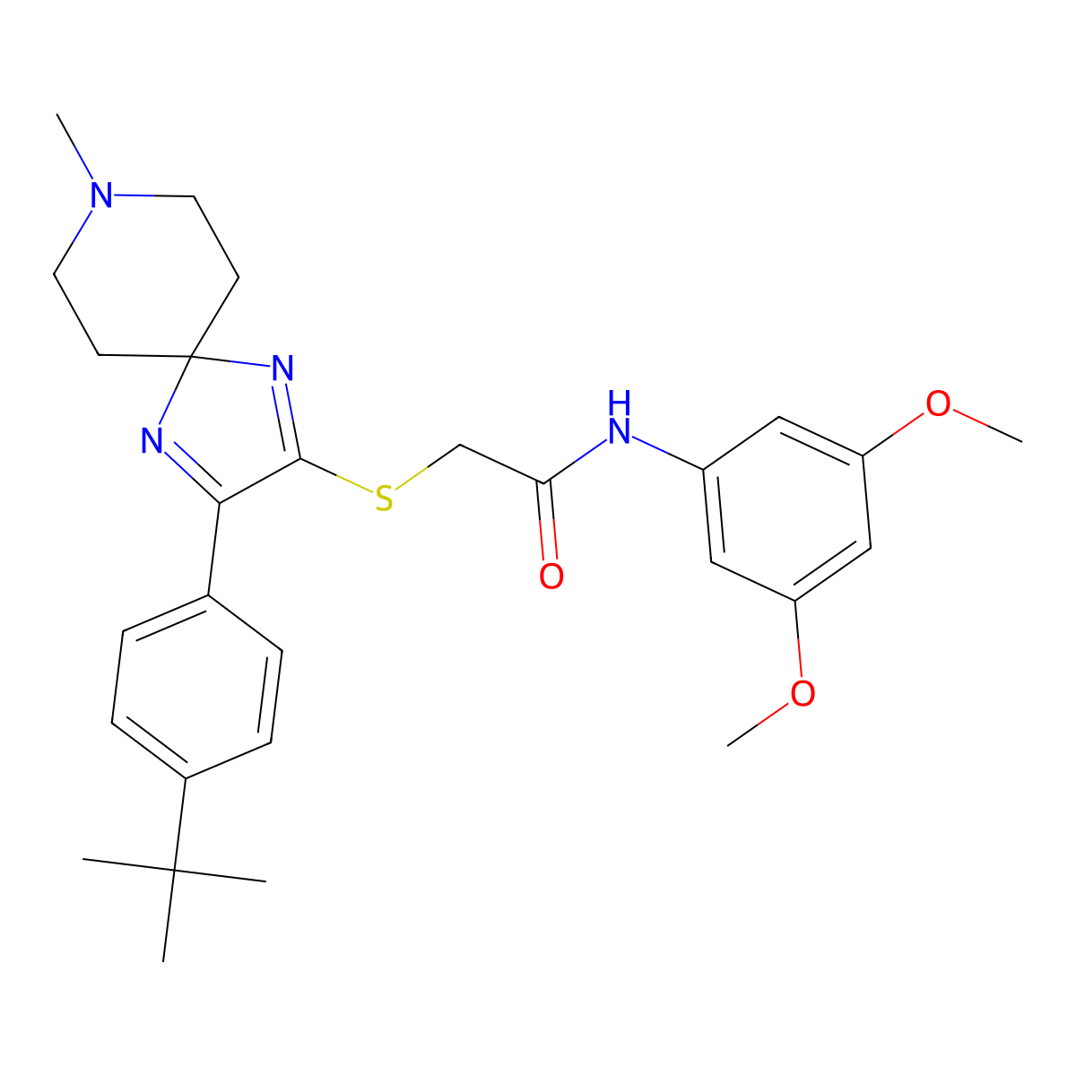 2-((3-(4-(tert-butyl)phenyl)-8-methyl-1,4,8-triazaspiro[4.5]deca-1,3-dien-2-yl)thio)-N-(3,5-dimethoxyphenyl)acetamide molecular structure, CAS 1223813-75-9