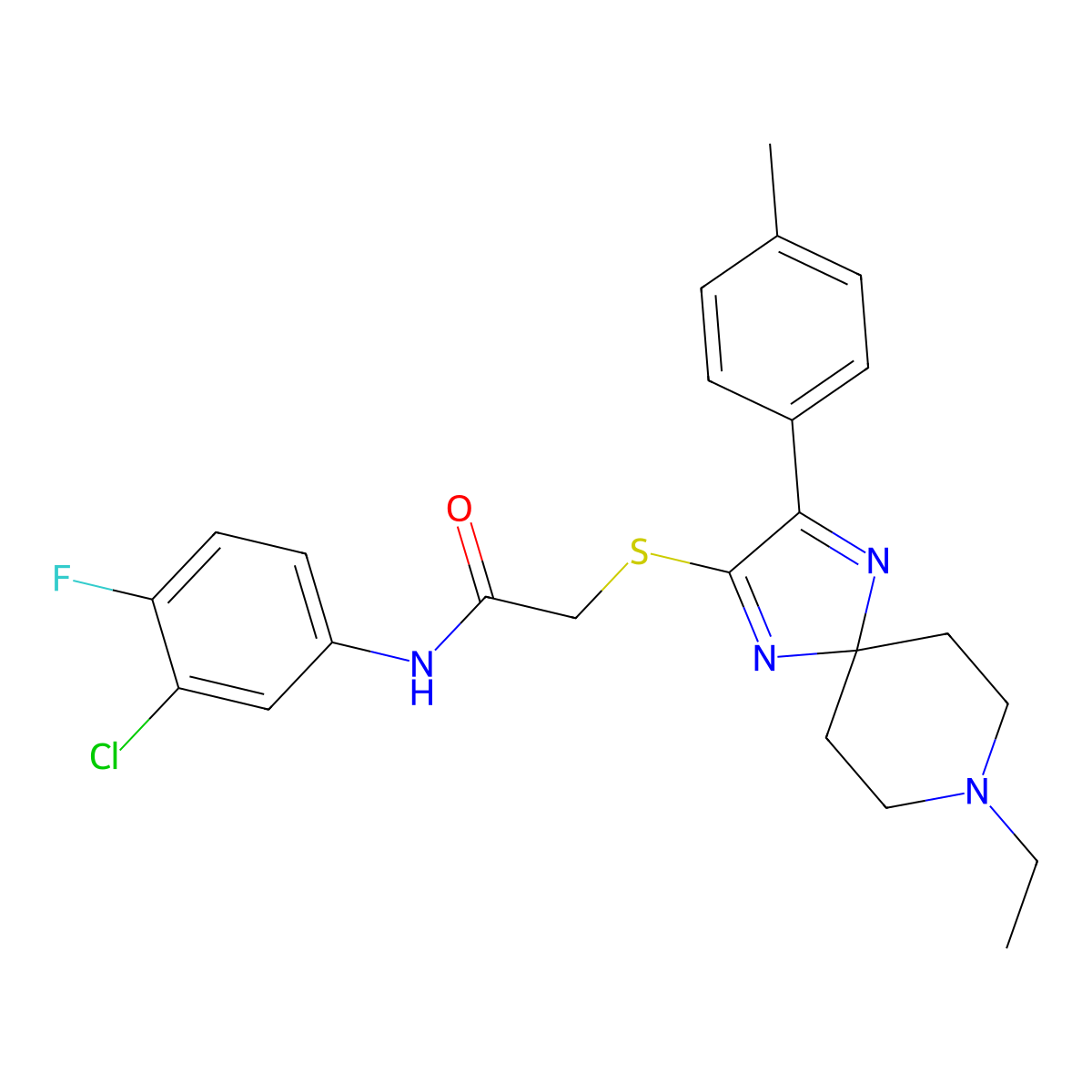 N-(3-Chloro-4-fluorophenyl)-2-{[8-ethyl-3-(4-methylphenyl)-1,4,8-triazaspiro[4.5]deca-1,3-dien-2-YL]sulfanyl}acetamide molecular structure, CAS 1223814-53-6