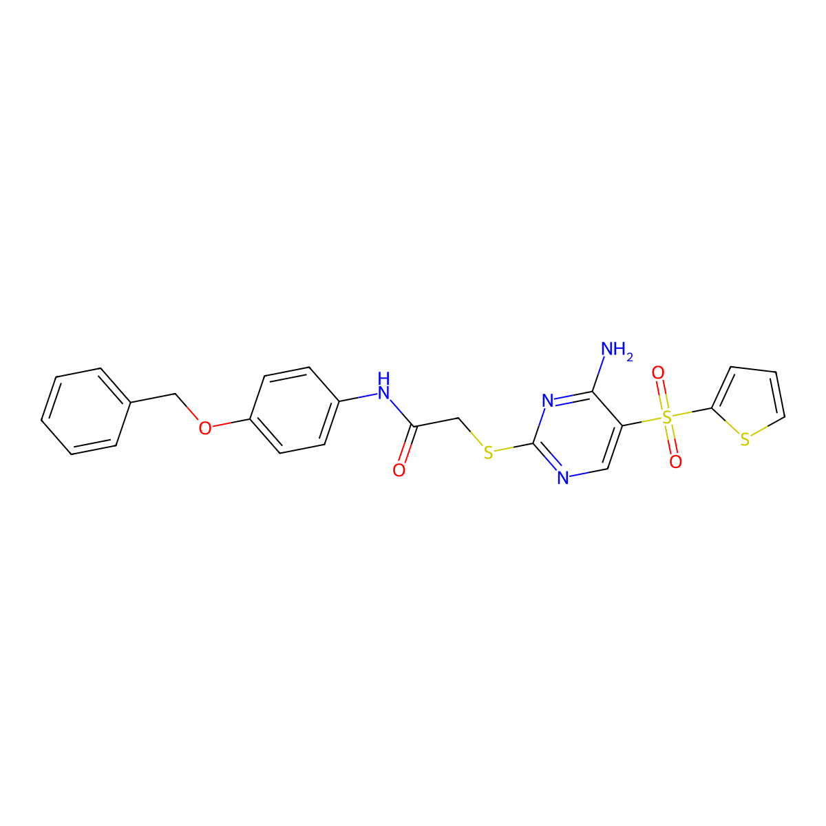 2-((4-amino-5-(thiophen-2-ylsulfonyl)pyrimidin-2-yl)thio)-N-(4-(benzyloxy)phenyl)acetamide molecular structure, CAS 1223814-99-0