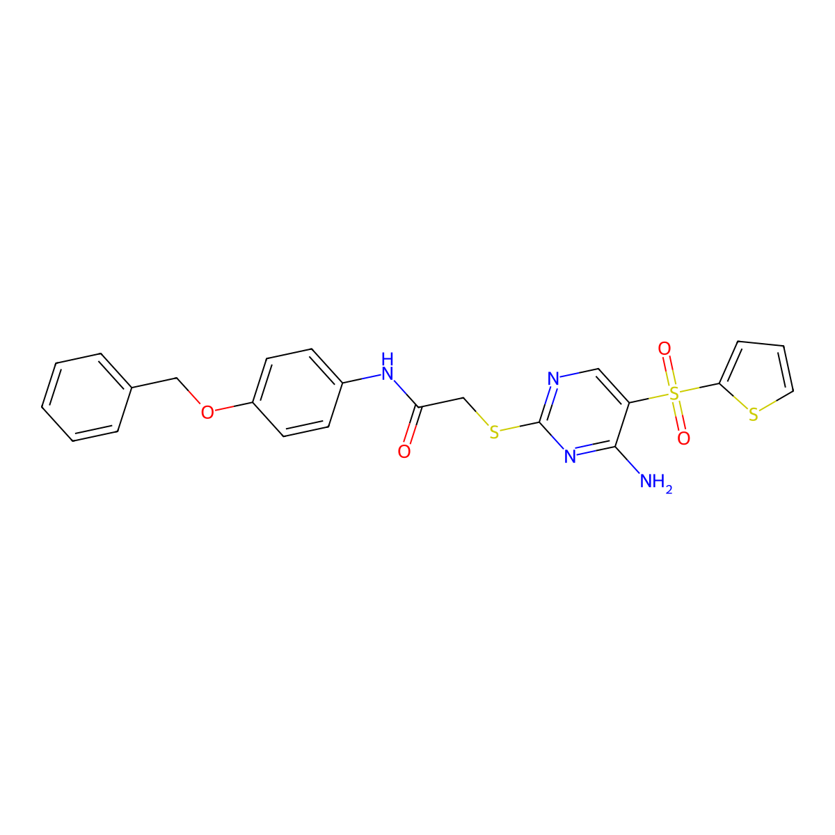 2-((4-amino-5-(thiophen-2-ylsulfonyl)pyrimidin-2-yl)thio)-N-(4-(benzyloxy)phenyl)acetamide molecular structure, CAS 1223814-99-0
