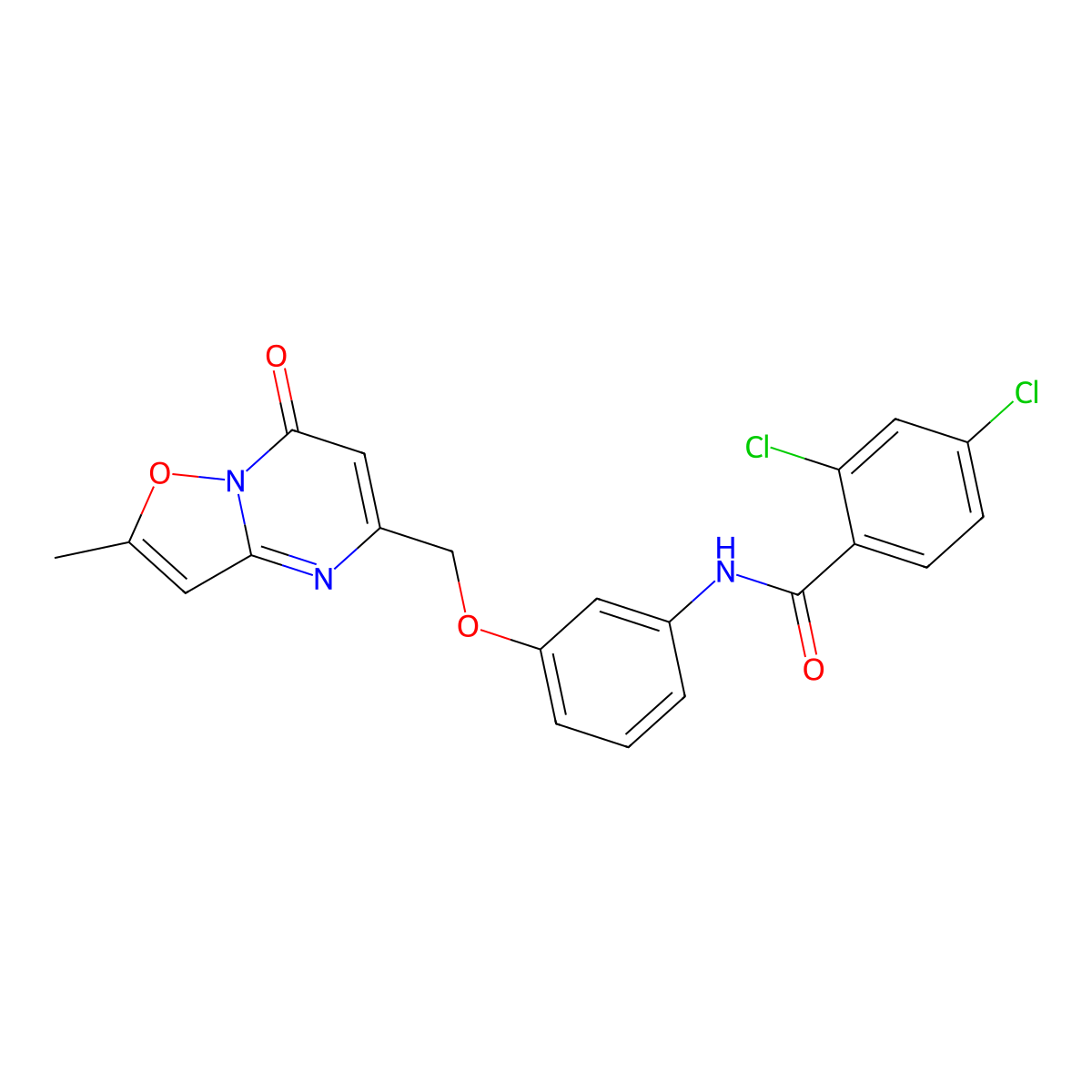 2,4-Dichloro-N-[3-[(2-methyl-7-oxo-7H-isoxazolo[2,3-a]pyrimidin-5-yl)methoxy]phenyl]benzamide molecular structure, CAS 1223817-17-1