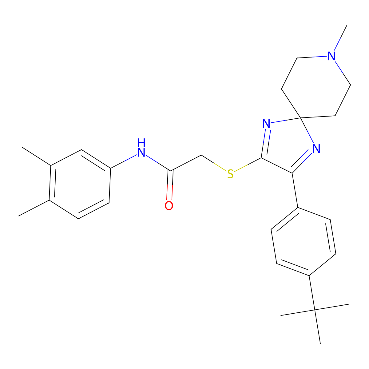 2-((3-(4-(tert-butyl)phenyl)-8-methyl-1,4,8-triazaspiro[4.5]deca-1,3-dien-2-yl)thio)-N-(3,4-dimethylphenyl)acetamide molecular structure, CAS 1223817-59-1