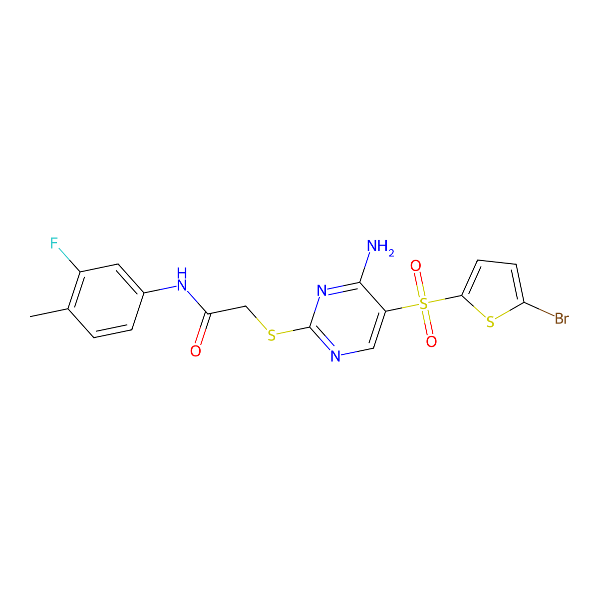 2-((4-amino-5-((5-bromothiophen-2-yl)sulfonyl)pyrimidin-2-yl)thio)-N-(3-fluoro-4-methylphenyl)acetamide molecular structure, CAS 1223818-26-5