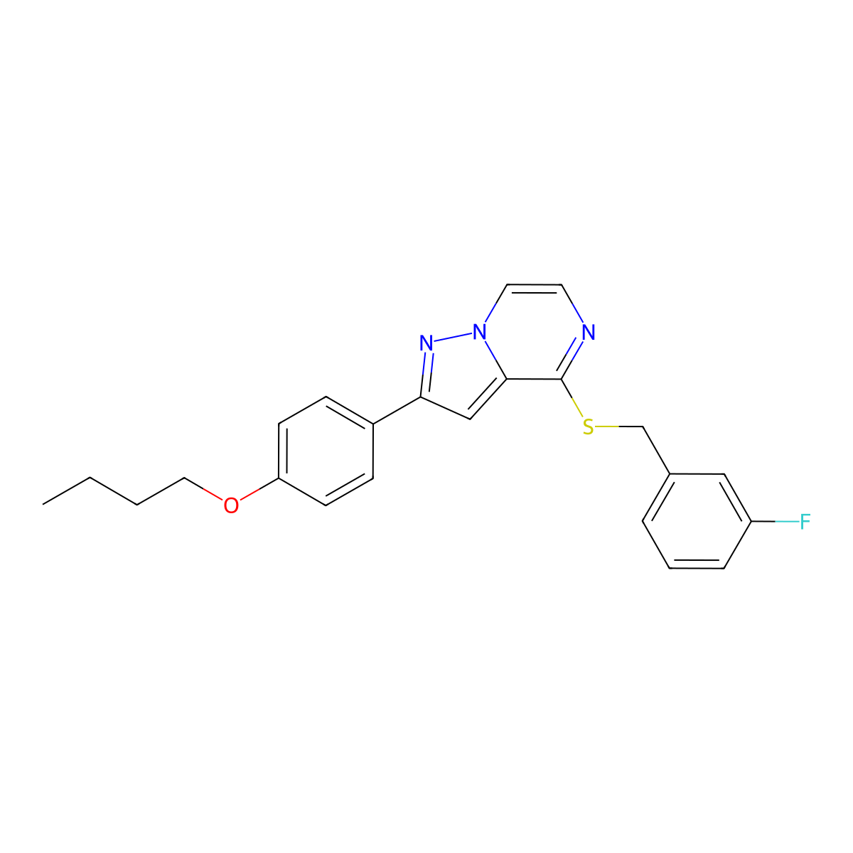 2-(4-Butoxyphenyl)-4-[(3-fluorobenzyl)thio]pyrazolo[1,5-a]pyrazine molecular structure, CAS 1223818-48-1