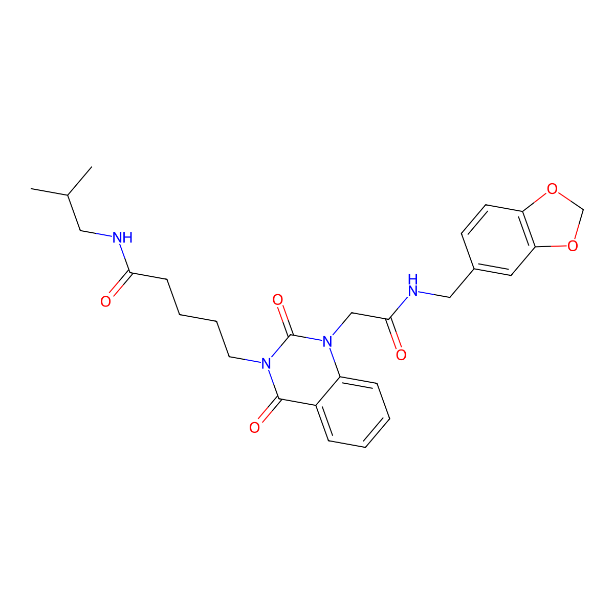 5-(1-(2-((benzo[d][1,3]dioxol-5-ylmethyl)amino)-2-oxoethyl)-2,4-dioxo-1,2-dihydroquinazolin-3(4H)-yl)-N-isobutylpentanamide molecular structure, CAS 1223818-87-8