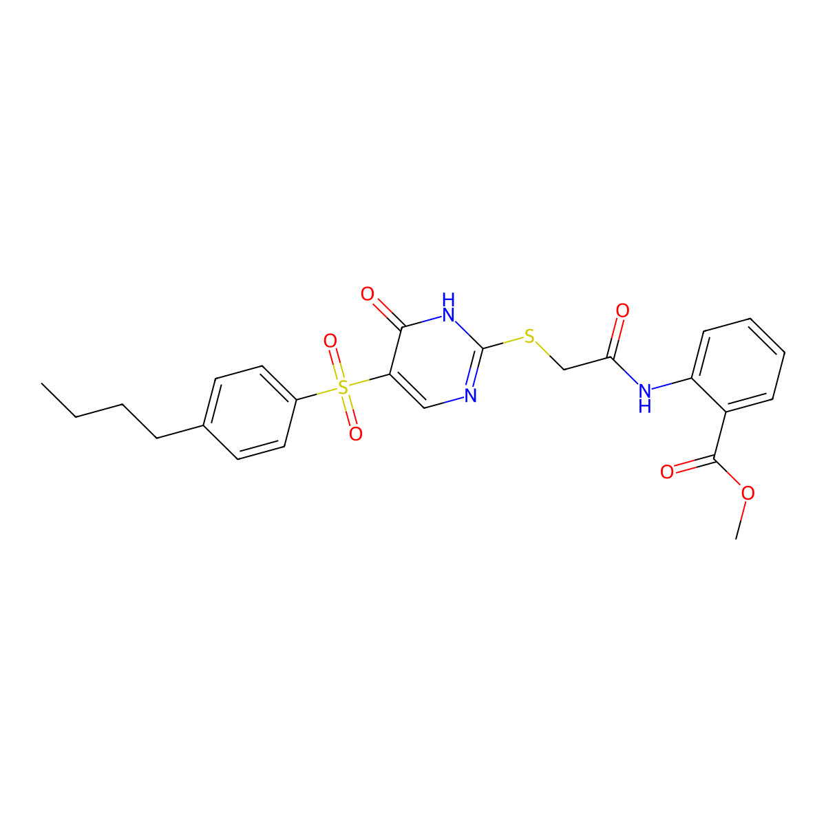 Methyl 2-{[({5-[(4-butylphenyl)sulfonyl]-6-oxo-1,6-dihydropyrimidin-2-yl}sulfanyl)acetyl]amino}benzoate molecular structure, CAS 1223819-02-0
