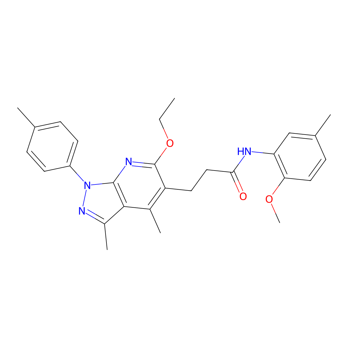 3-[7-ethyl-3,4-dimethyl-1-(4-methylphenyl)-6-oxo-6,7-dihydro-1H-pyrazolo[3,4-b]pyridin-5-yl]-N-(2-methoxy-5-methylphenyl)propanamide molecular structure, CAS 1223820-00-5