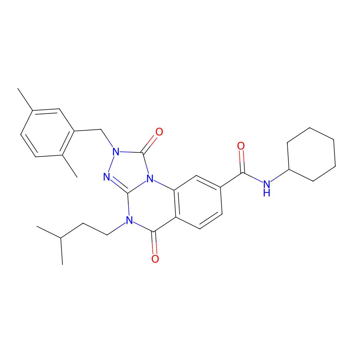 N-cyclohexyl-2-[(2,5-dimethylphenyl)methyl]-4-(3-methylbutyl)-1,5-dioxo-1H,2H,4H,5H-[1,2,4]triazolo[4,3-a]quinazoline-8-carboxamide molecular structure, CAS 1223820-02-7