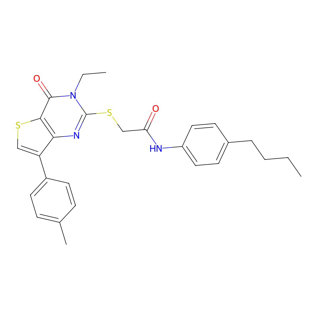 N-(4-butylphenyl)-2-{[3-ethyl-7-(4-methylphenyl)-4-oxo-3,4-dihydrothieno[3,2-d]pyrimidin-2-yl]thio}acetamide molecular structure, CAS 1223820-36-7