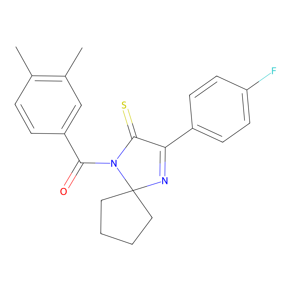 1-(3,4-Dimethylbenzoyl)-3-(4-fluorophenyl)-1,4-diazaspiro[4.4]non-3-ene-2-thione molecular structure, CAS 1223821-14-4