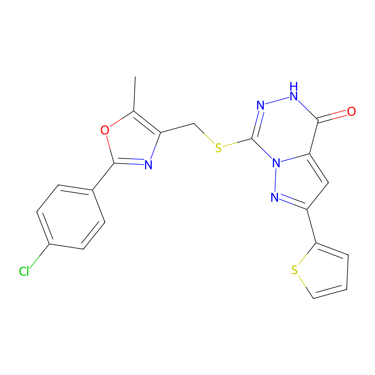 7-({[2-(4-chlorophenyl)-5-methyl-1,3-oxazol-4-yl]methyl}sulfanyl)-2-(thiophen-2-yl)-4H,5H-pyrazolo[1,5-d][1,2,4]triazin-4-one molecular structure, CAS 1223821-86-0