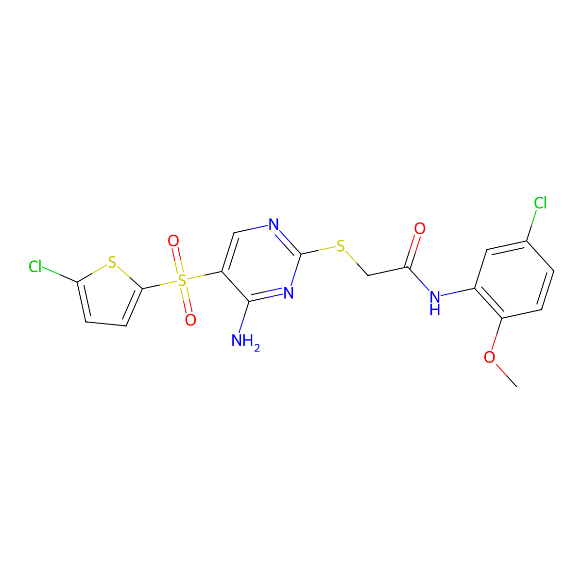 2-((4-amino-5-((5-chlorothiophen-2-yl)sulfonyl)pyrimidin-2-yl)thio)-N-(5-chloro-2-methoxyphenyl)acetamide molecular structure, CAS 1223823-01-5