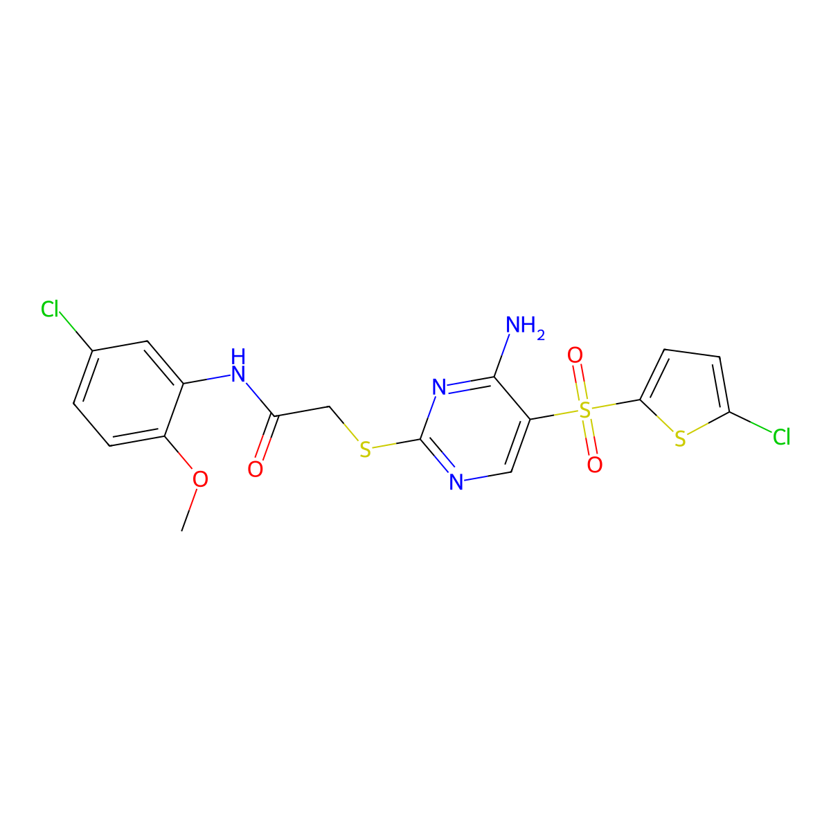 2-((4-amino-5-((5-chlorothiophen-2-yl)sulfonyl)pyrimidin-2-yl)thio)-N-(5-chloro-2-methoxyphenyl)acetamide molecular structure, CAS 1223823-01-5