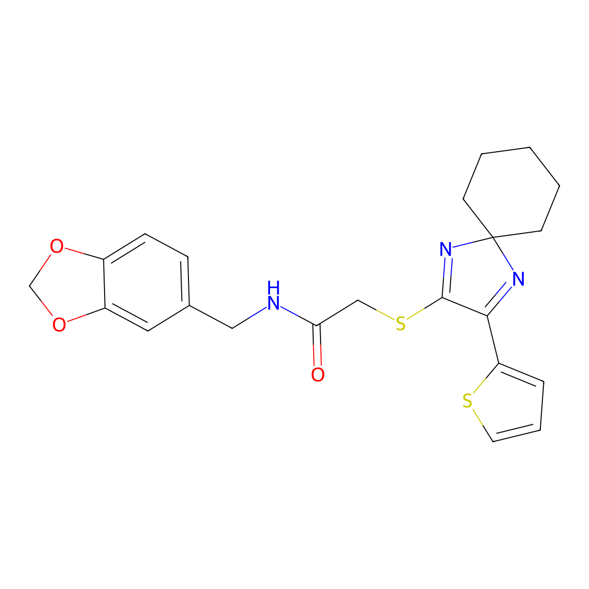 N-[(2H-1,3-benzodioxol-5-yl)methyl]-2-{[3-(thiophen-2-yl)-1,4-diazaspiro[4.5]deca-1,3-dien-2-yl]sulfanyl}acetamide molecular structure, CAS 1223823-63-9