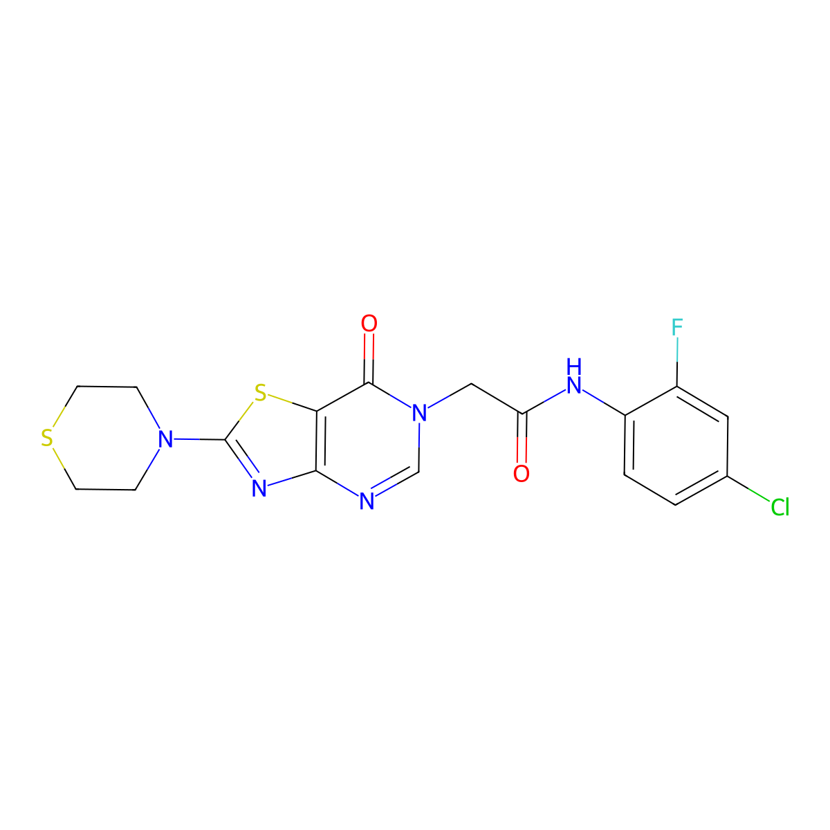 N-(4-chloro-2-fluorophenyl)-2-(7-oxo-2-thiomorpholinothiazolo[4,5-d]pyrimidin-6(7H)-yl)acetamide molecular structure, CAS 1223825-03-3