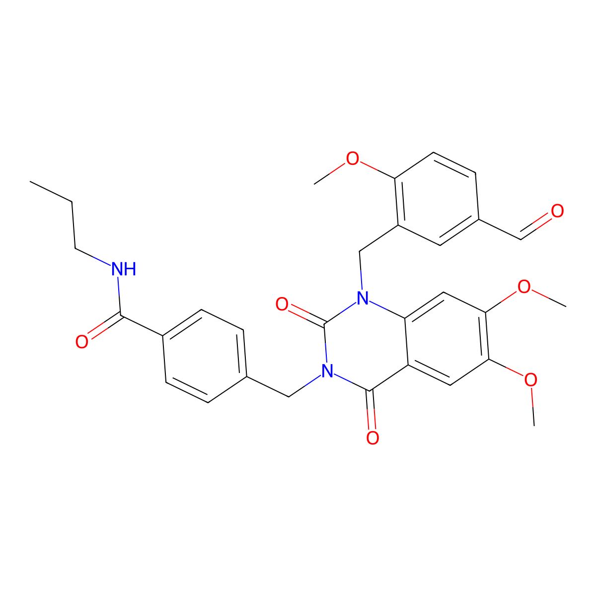 4-((1-(5-formyl-2-methoxybenzyl)-6,7-dimethoxy-2,4-dioxo-1,2-dihydroquinazolin-3(4H)-yl)methyl)-N-propylbenzamide molecular structure, CAS 1223825-66-8