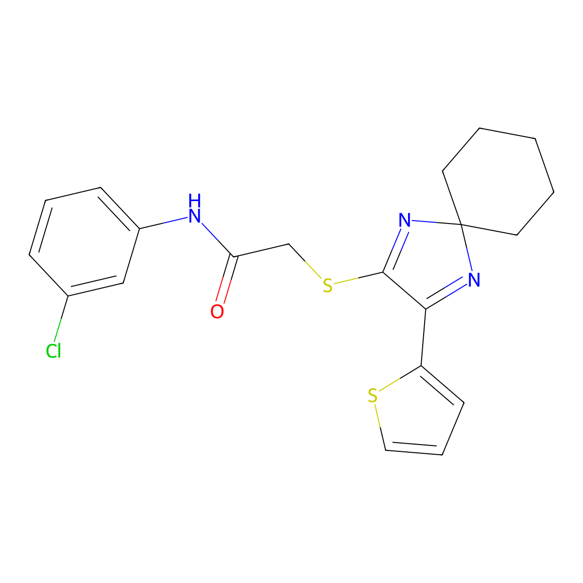 N-(3-chlorophenyl)-2-((3-(thiophen-2-yl)-1,4-diazaspiro[4.5]deca-1,3-dien-2-yl)thio)acetamide molecular structure, CAS 1223826-19-4