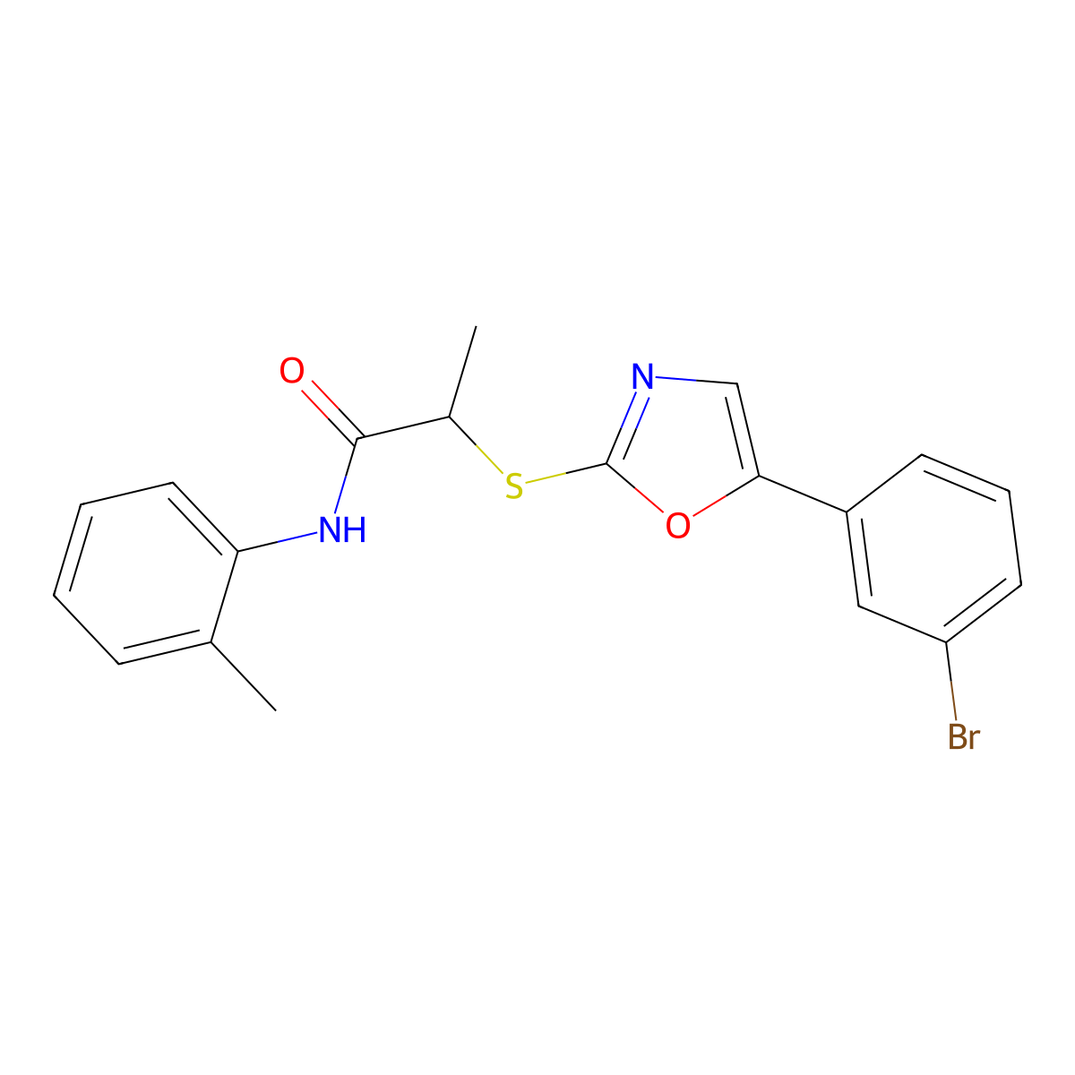 2-((5-(3-bromophenyl)oxazol-2-yl)thio)-N-(o-tolyl)propanamide molecular structure, CAS 1223828-15-6