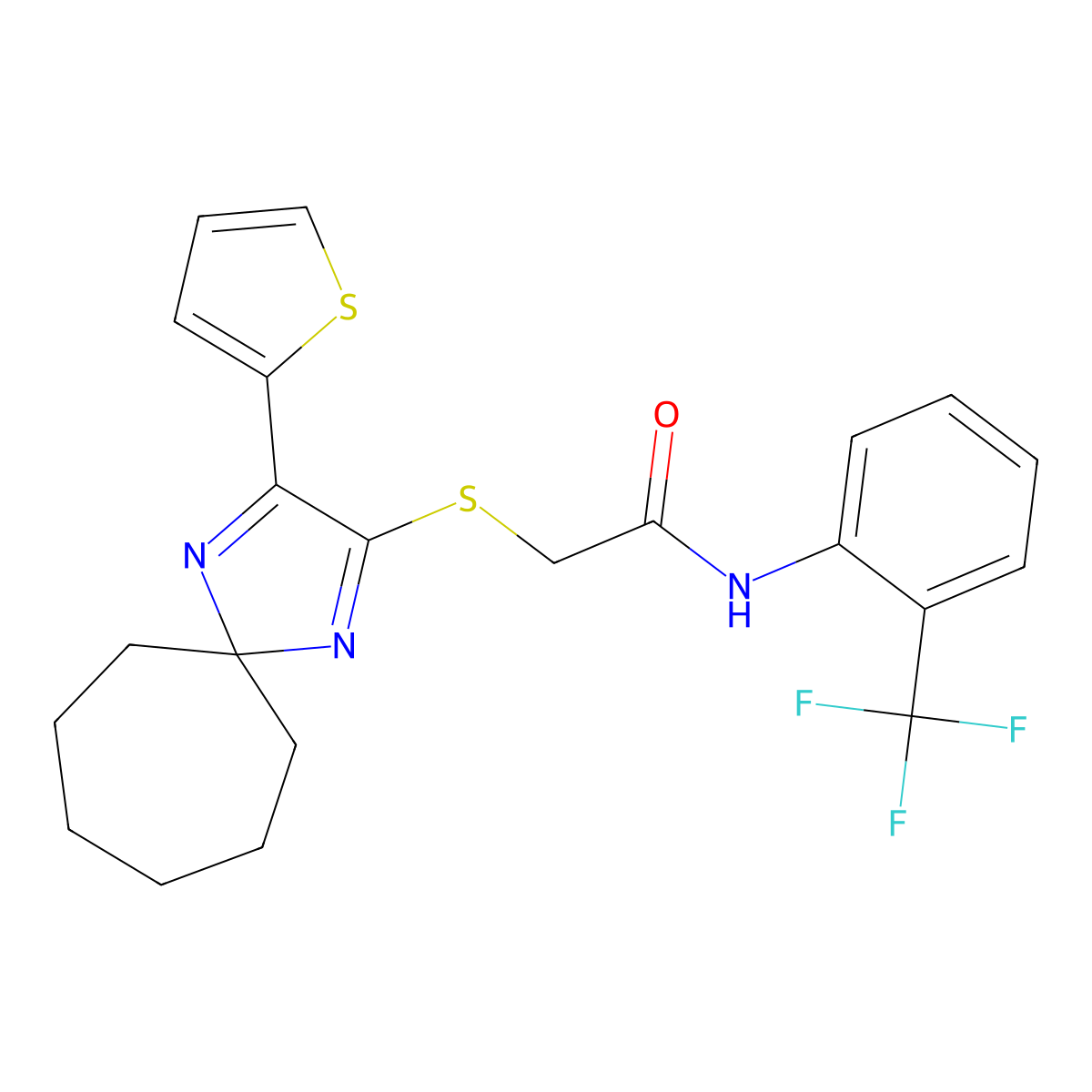 2-((3-(thiophen-2-yl)-1,4-diazaspiro[4.6]undeca-1,3-dien-2-yl)thio)-N-(2-(trifluoromethyl)phenyl)acetamide molecular structure, CAS 1223829-28-4