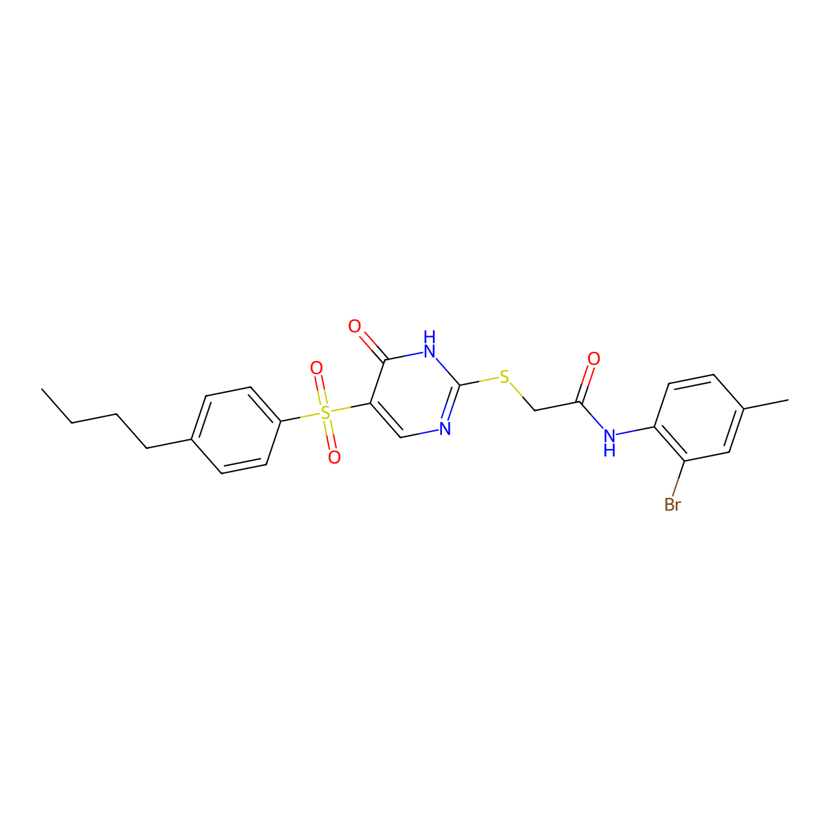 N-(2-bromo-4-methylphenyl)-2-((5-((4-butylphenyl)sulfonyl)-6-oxo-1,6-dihydropyrimidin-2-yl)thio)acetamide molecular structure, CAS 1223830-06-5