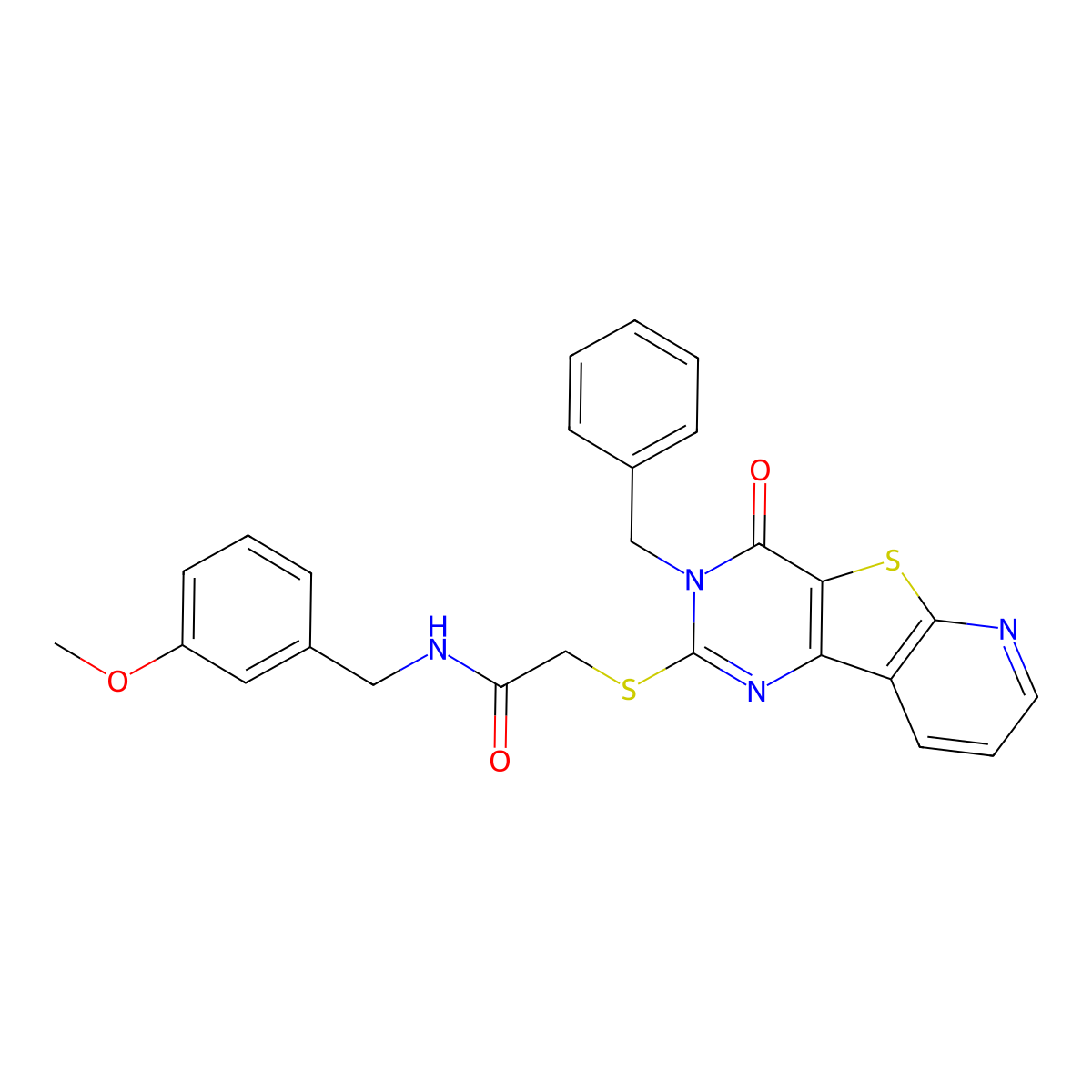 2-({5-benzyl-6-oxo-8-thia-3,5,10-triazatricyclo[7.4.0.0^{2,7}]trideca-1(9),2(7),3,10,12-pentaen-4-yl}sulfanyl)-N-[(3-methoxyphenyl)methyl]acetamide molecular structure, CAS 1223831-50-2