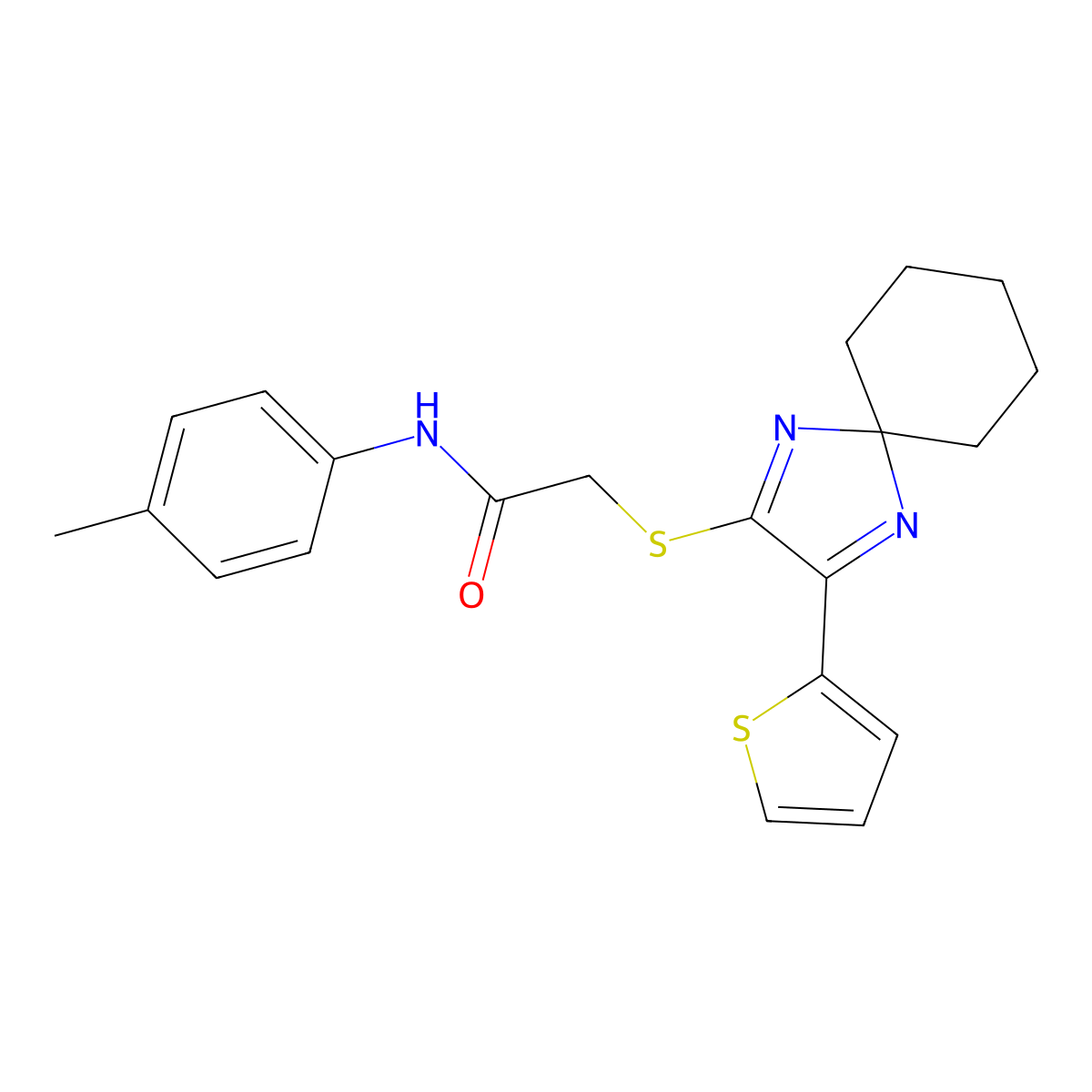 2-((3-(thiophen-2-yl)-1,4-diazaspiro[4.5]deca-1,3-dien-2-yl)thio)-N-(p-tolyl)acetamide molecular structure, CAS 1223832-86-7