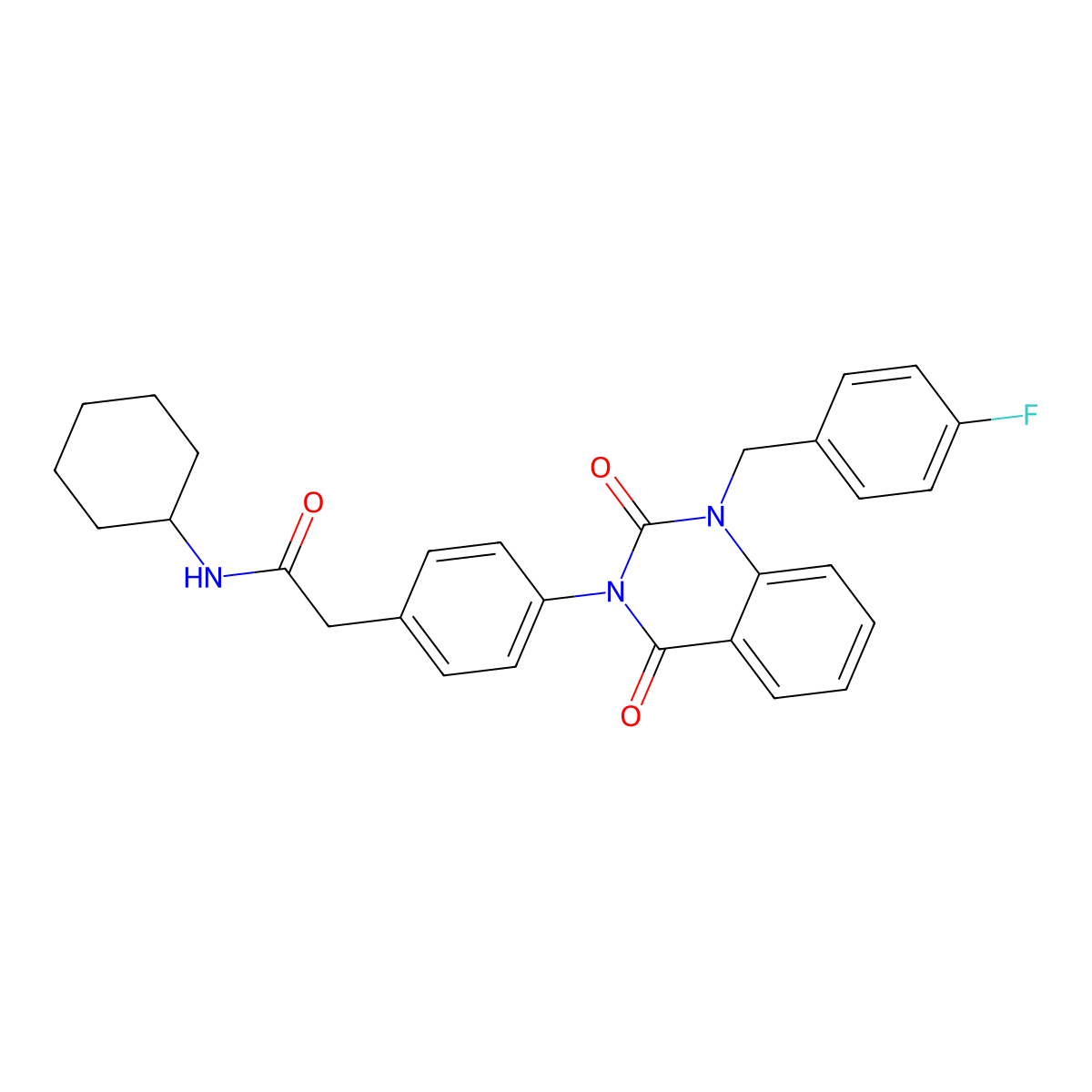 N-cyclohexyl-2-(4-(1-(4-fluorobenzyl)-2,4-dioxo-1,2-dihydroquinazolin-3(4H)-yl)phenyl)acetamide molecular structure, CAS 1223833-14-4