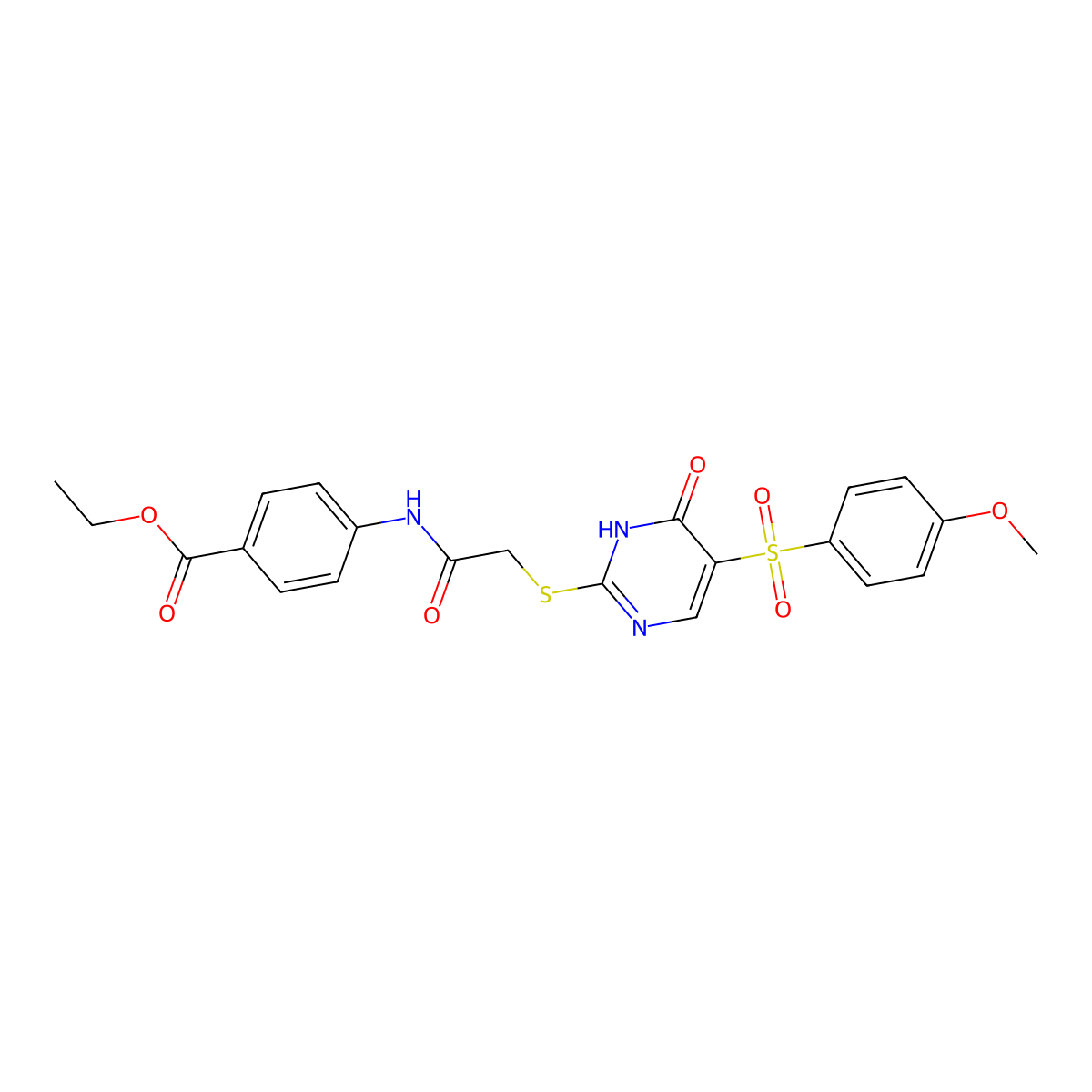 Ethyl 4-{[({5-[(4-methoxyphenyl)sulfonyl]-6-oxo-1,6-dihydropyrimidin-2-yl}sulfanyl)acetyl]amino}benzoate molecular structure, CAS 1223833-33-7
