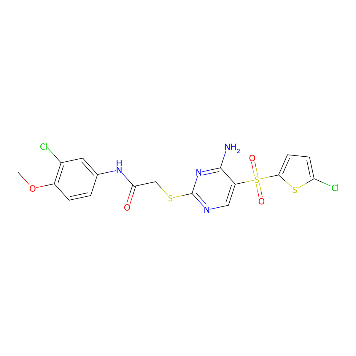 2-({4-amino-5-[(5-chlorothiophen-2-yl)sulfonyl]pyrimidin-2-yl}sulfanyl)-N-(3-chloro-4-methoxyphenyl)acetamide molecular structure, CAS 1223835-40-2