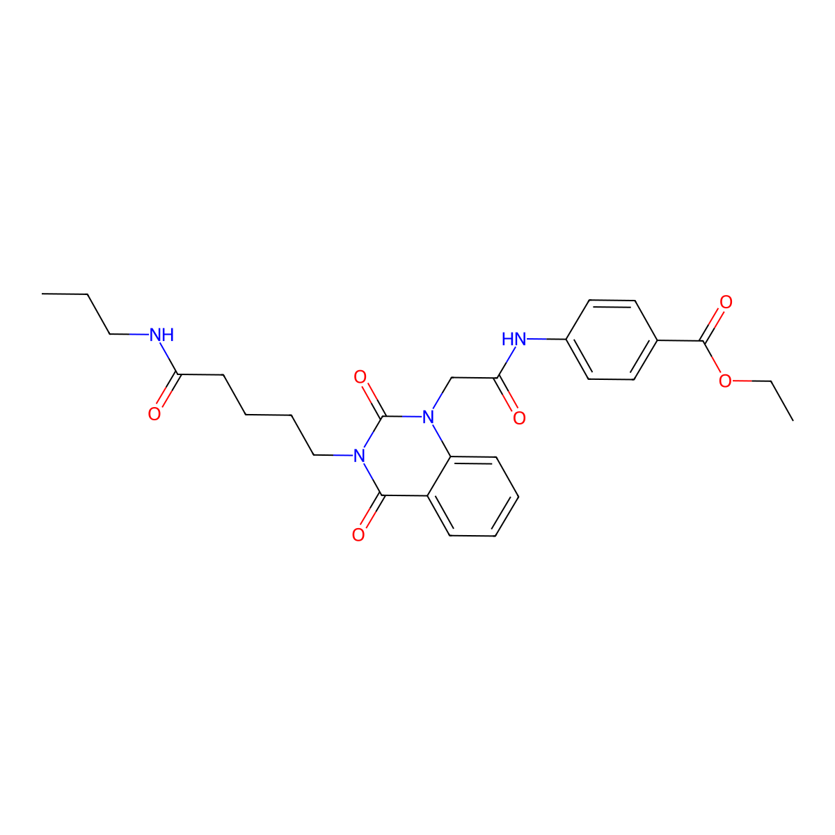 Ethyl 4-(2-{2,4-dioxo-3-[4-(propylcarbamoyl)butyl]-1,2,3,4-tetrahydroquinazolin-1-yl}acetamido)benzoate molecular structure, CAS 1223836-12-1