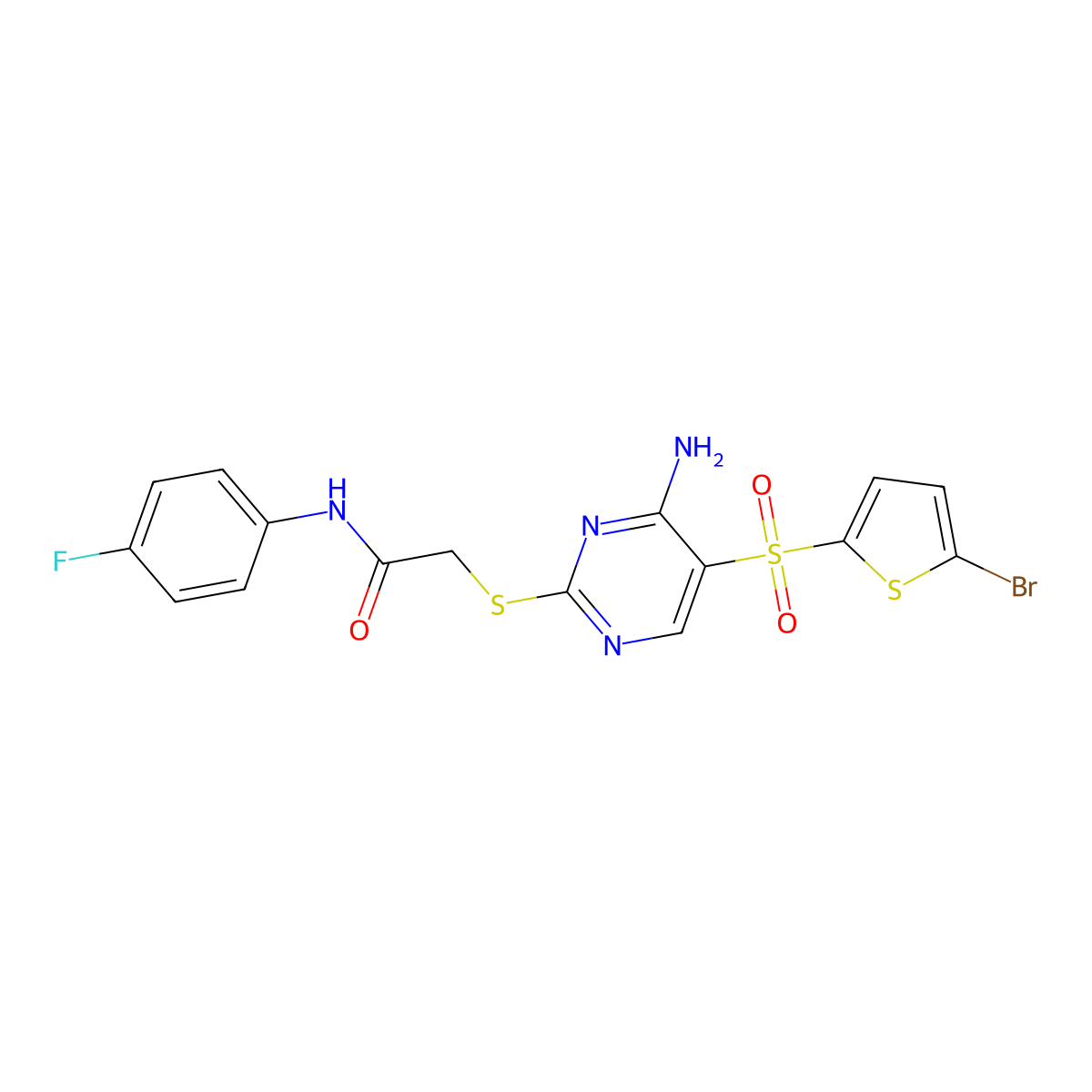 2-((4-amino-5-((5-bromothiophen-2-yl)sulfonyl)pyrimidin-2-yl)thio)-N-(4-fluorophenyl)acetamide molecular structure, CAS 1223836-61-0