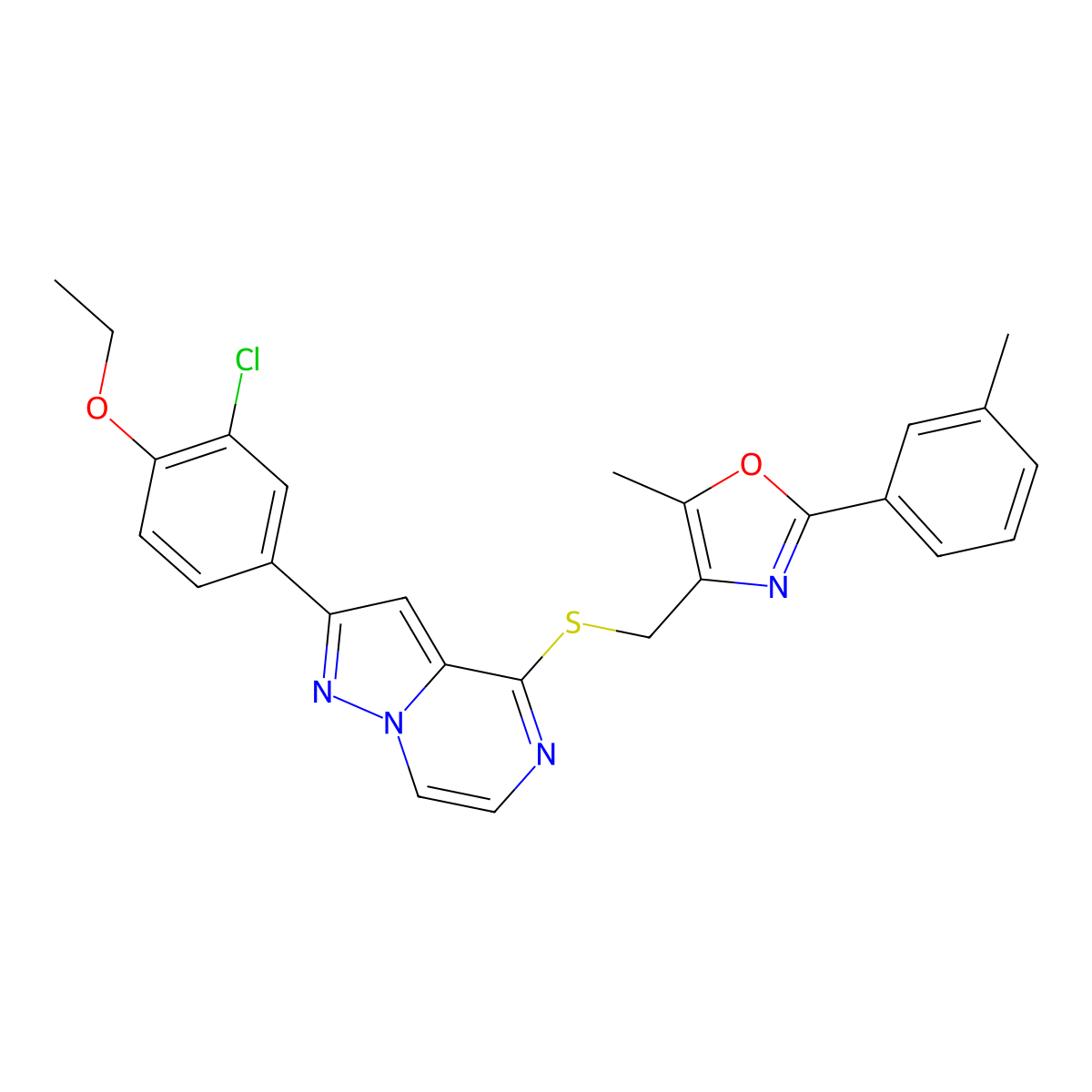2-(3-Chloro-4-ethoxyphenyl)-4-({[5-methyl-2-(3-methylphenyl)-1,3-oxazol-4-yl]methyl}thio)pyrazolo[1,5-a]pyrazine molecular structure, CAS 1223838-29-6