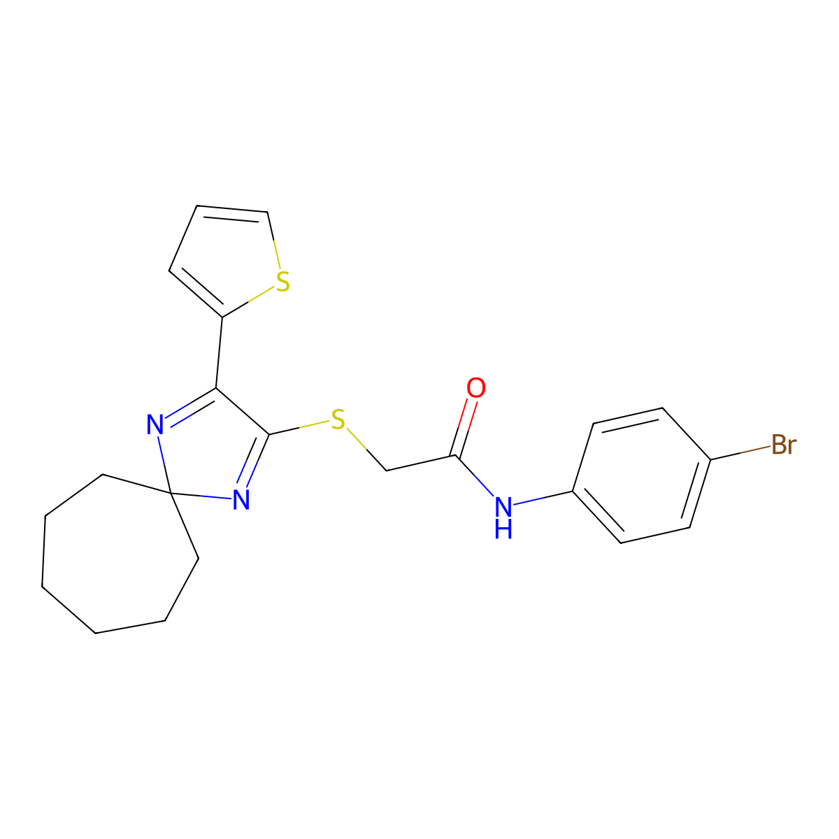 N-(4-bromophenyl)-2-((3-(thiophen-2-yl)-1,4-diazaspiro[4.6]undeca-1,3-dien-2-yl)thio)acetamide molecular structure, CAS 1223838-84-3