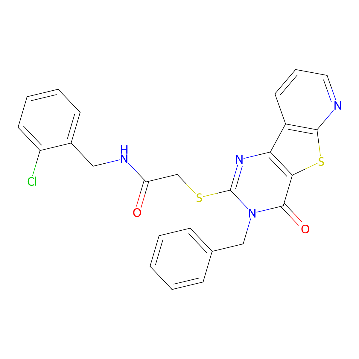 2-({5-benzyl-6-oxo-8-thia-3,5,10-triazatricyclo[7.4.0.0^{2,7}]trideca-1(9),2(7),3,10,12-pentaen-4-yl}sulfanyl)-N-[(2-chlorophenyl)methyl]acetamide molecular structure, CAS 1223838-88-7