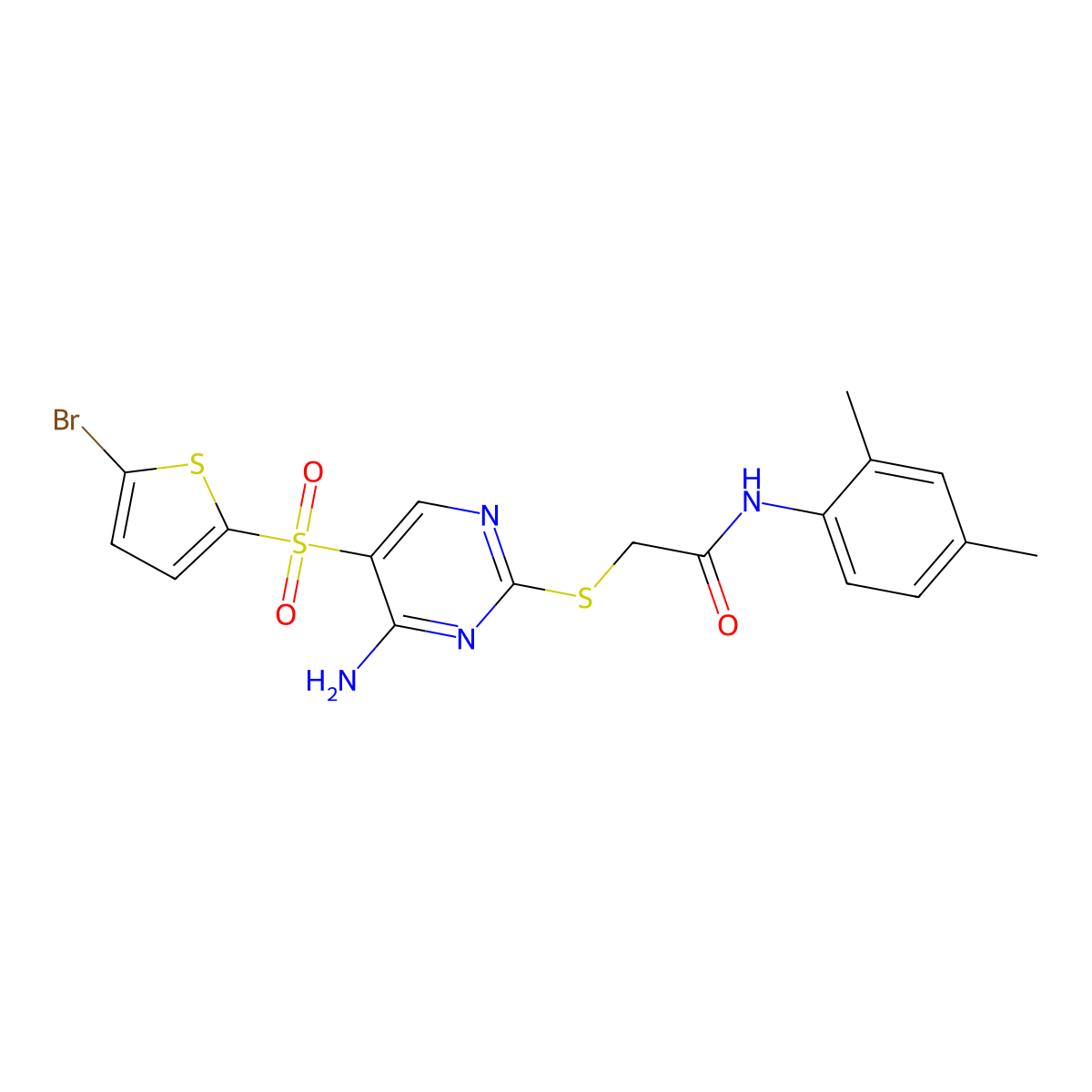 2-((4-amino-5-((5-bromothiophen-2-yl)sulfonyl)pyrimidin-2-yl)thio)-N-(2,4-dimethylphenyl)acetamide molecular structure, CAS 1223839-78-8