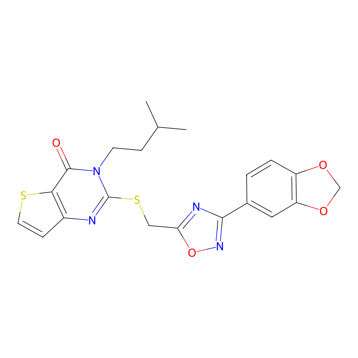2-(((3-(benzo[d][1,3]dioxol-5-yl)-1,2,4-oxadiazol-5-yl)methyl)thio)-3-isopentylthieno[3,2-d]pyrimidin-4(3H)-one molecular structure, CAS 1223839-97-1