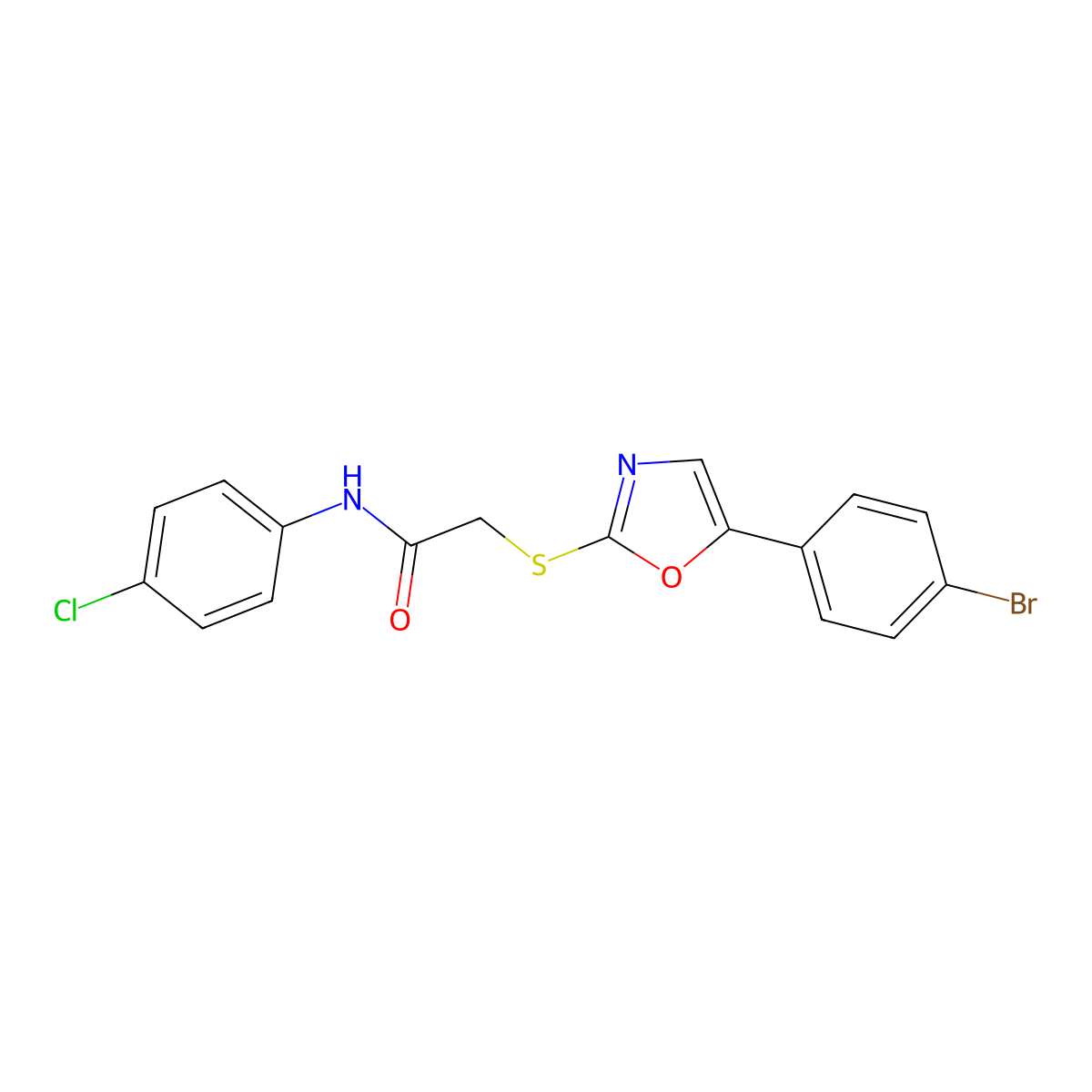 2-((5-(4-bromophenyl)oxazol-2-yl)thio)-N-(4-chlorophenyl)acetamide molecular structure, CAS 1223840-48-9