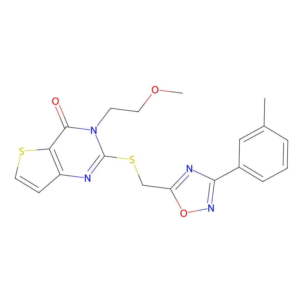 3-(2-methoxyethyl)-2-(((3-(m-tolyl)-1,2,4-oxadiazol-5-yl)methyl)thio)thieno[3,2-d]pyrimidin-4(3H)-one molecular structure, CAS 1223840-94-5