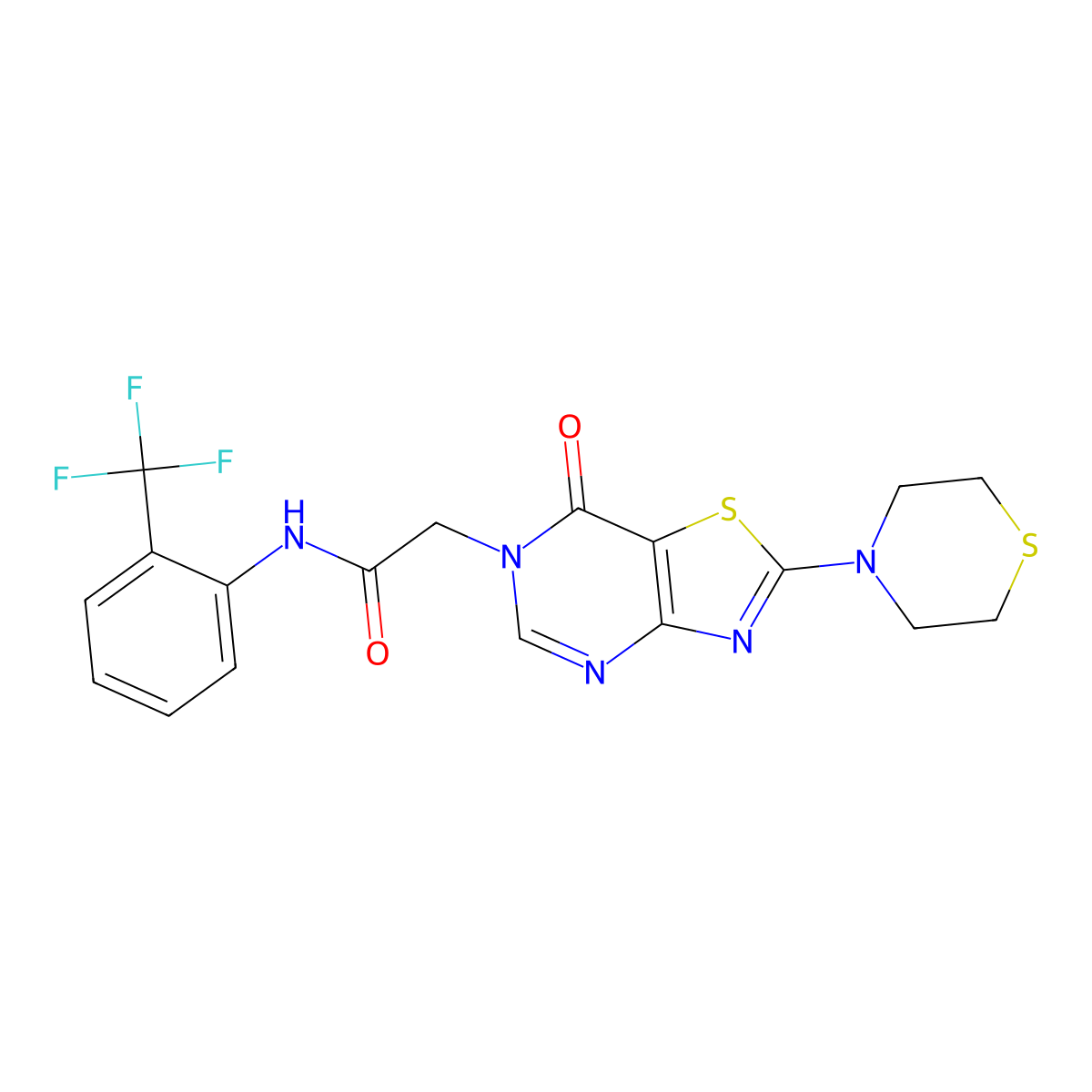 2-(7-oxo-2-thiomorpholinothiazolo[4,5-d]pyrimidin-6(7H)-yl)-N-(2-(trifluoromethyl)phenyl)acetamide molecular structure, CAS 1223841-30-2