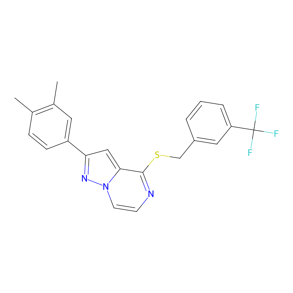 2-(3,4-Dimethylphenyl)-4-((3-(trifluoromethyl)benzyl)thio)pyrazolo[1,5-a]pyrazine molecular structure, CAS 1223841-64-2
