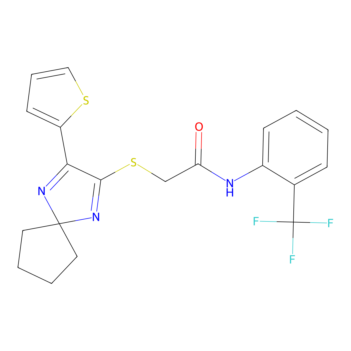 2-((3-(thiophen-2-yl)-1,4-diazaspiro[4.4]nona-1,3-dien-2-yl)thio)-N-(2-(trifluoromethyl)phenyl)acetamide molecular structure, CAS 1223841-80-2