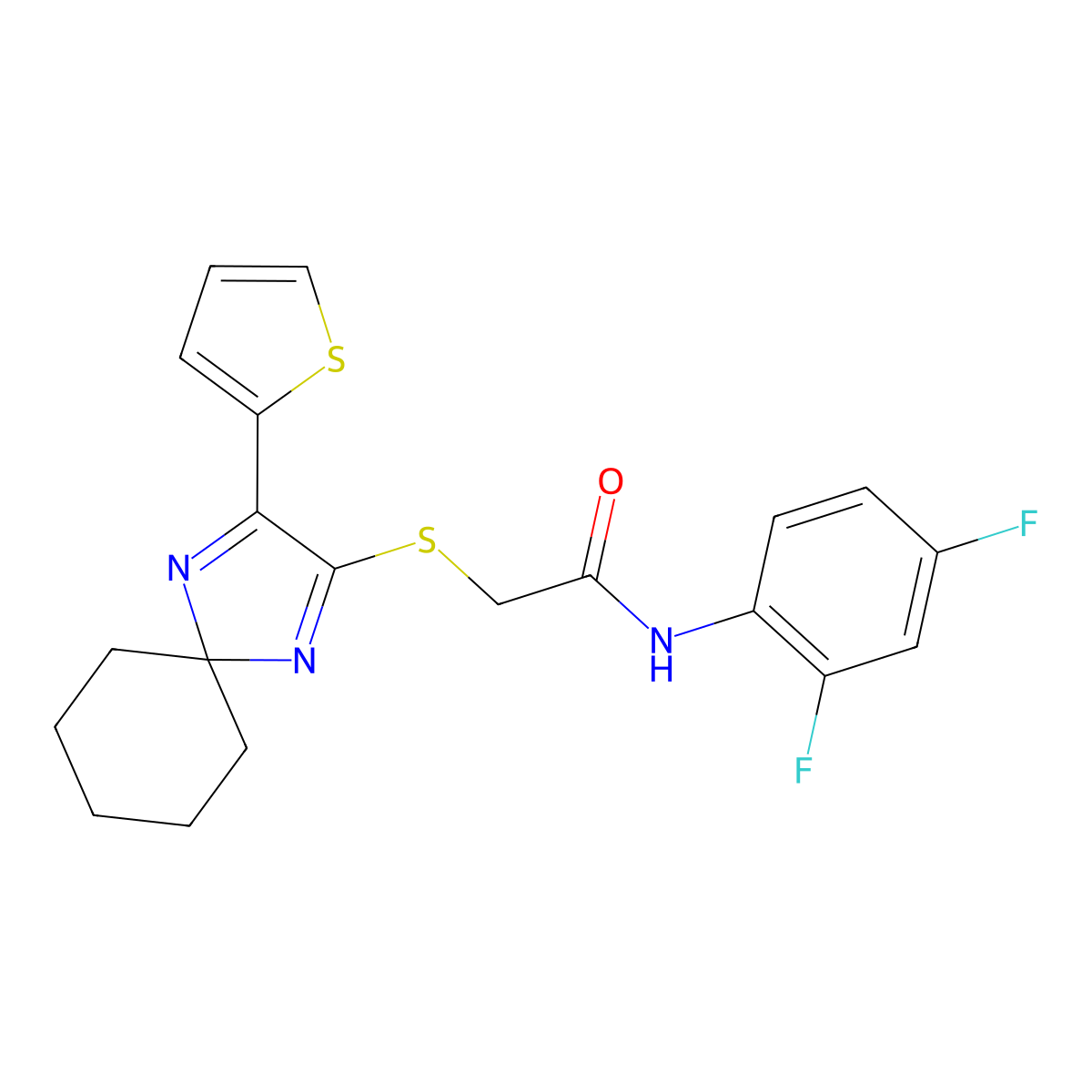 N-(2,4-difluorophenyl)-2-((3-(thiophen-2-yl)-1,4-diazaspiro[4.5]deca-1,3-dien-2-yl)thio)acetamide molecular structure, CAS 1223843-02-4