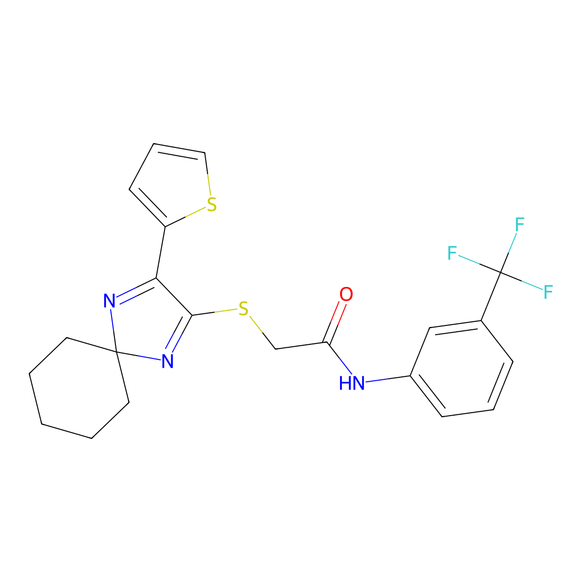 2-{[3-(thiophen-2-yl)-1,4-diazaspiro[4.5]deca-1,3-dien-2-yl]sulfanyl}-N-[3-(trifluoromethyl)phenyl]acetamide molecular structure, CAS 1223844-10-7