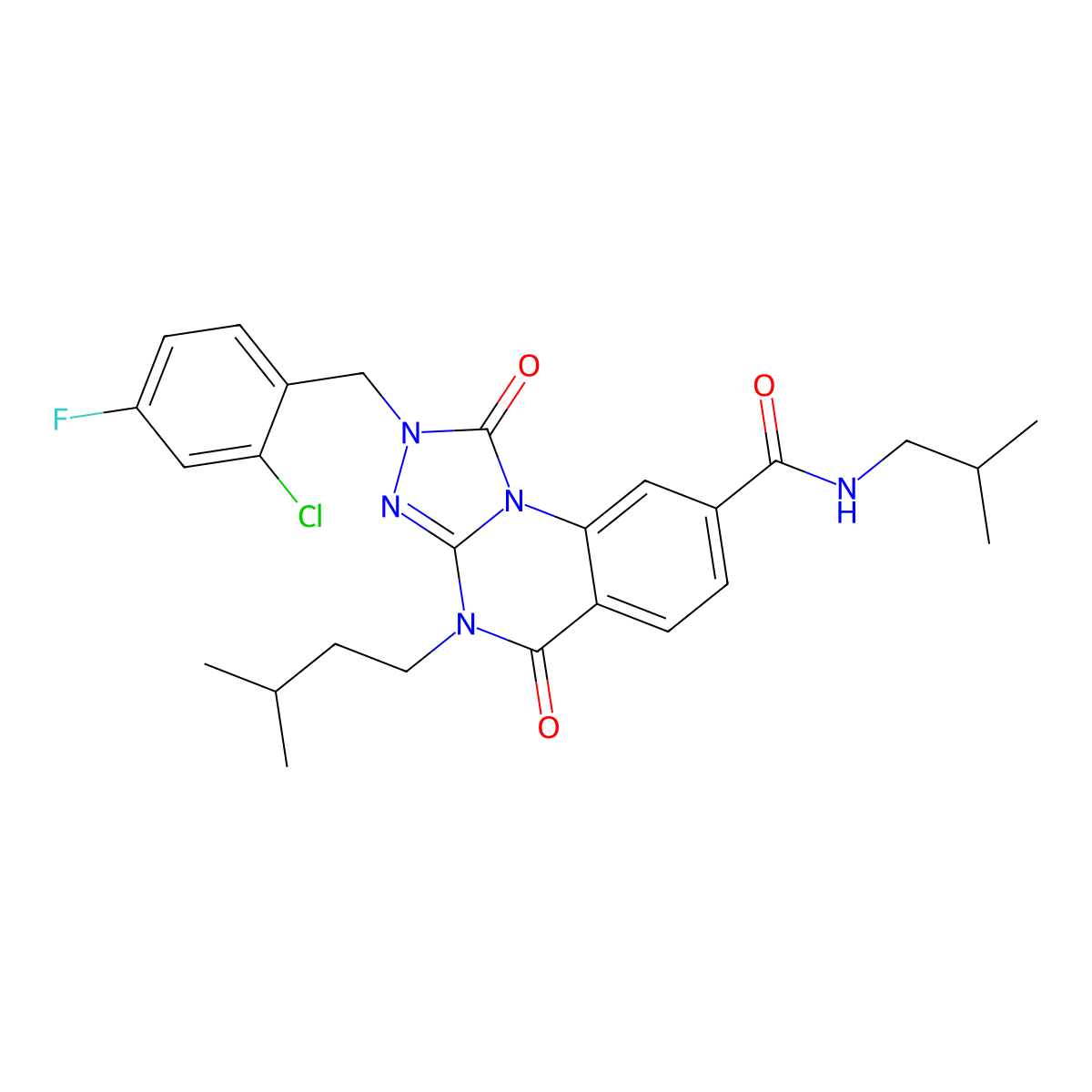 2-(2-chloro-4-fluorobenzyl)-N-isobutyl-4-(3-methylbutyl)-1,5-dioxo-1,2,4,5-tetrahydro[1,2,4]triazolo[4,3-a]quinazoline-8-carboxamide molecular structure, CAS 1223844-28-7
