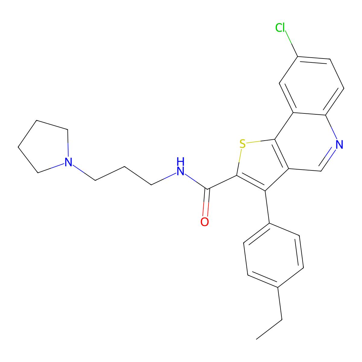 8-chloro-3-(4-ethylphenyl)-N-[3-(pyrrolidin-1-yl)propyl]thieno[3,2-c]quinoline-2-carboxamide molecular structure, CAS 1223844-59-4