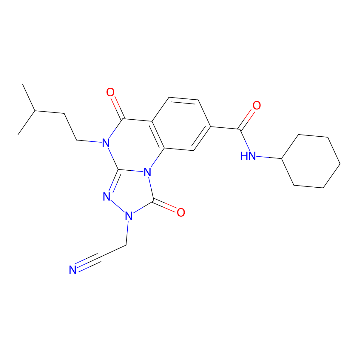 2-(cyanomethyl)-N-cyclohexyl-4-(3-methylbutyl)-1,5-dioxo-1H,2H,4H,5H-[1,2,4]triazolo[4,3-a]quinazoline-8-carboxamide molecular structure, CAS 1223844-70-9