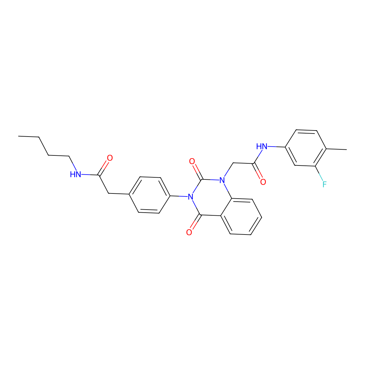 N-butyl-2-(4-(1-(2-((3-fluoro-4-methylphenyl)amino)-2-oxoethyl)-2,4-dioxo-1,2-dihydroquinazolin-3(4H)-yl)phenyl)acetamide molecular structure, CAS 1223844-84-5