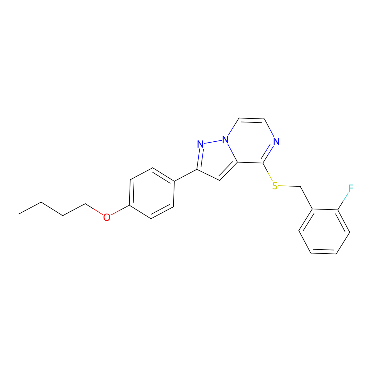 2-(4-Butoxyphenyl)-4-[(2-fluorobenzyl)thio]pyrazolo[1,5-a]pyrazine molecular structure, CAS 1223851-34-0
