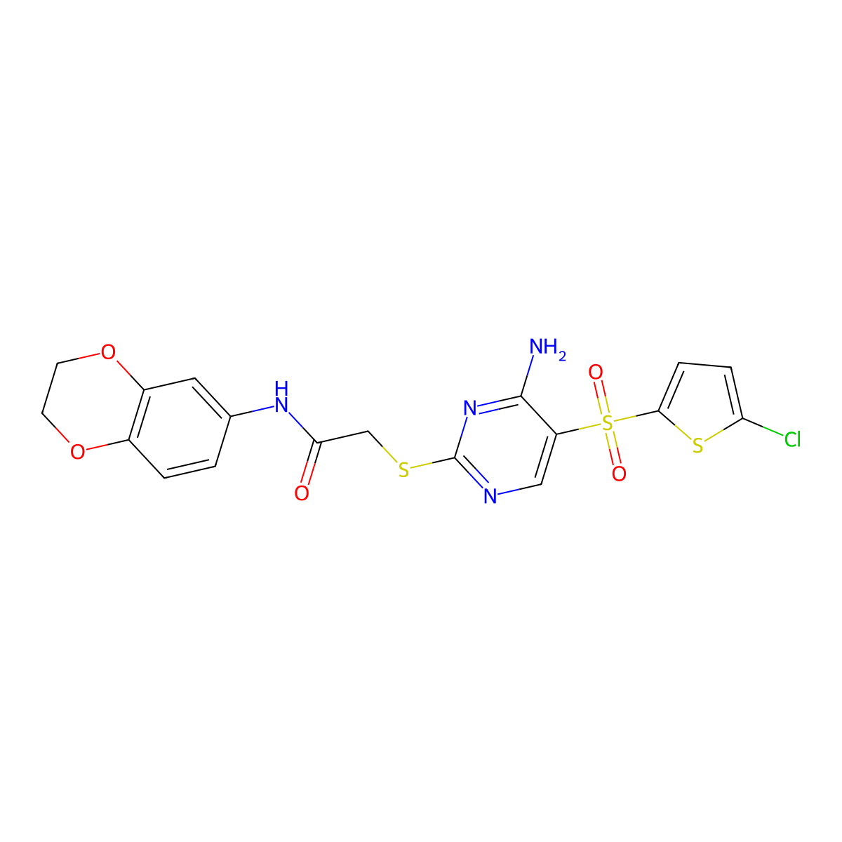 2-((4-amino-5-((5-chlorothiophen-2-yl)sulfonyl)pyrimidin-2-yl)thio)-N-(2,3-dihydrobenzo[b][1,4]dioxin-6-yl)acetamide molecular structure, CAS 1223851-48-6