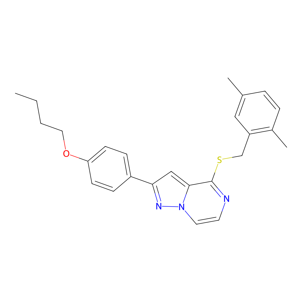 2-(4-Butoxyphenyl)-4-{[(2,5-dimethylphenyl)methyl]sulfanyl}pyrazolo[1,5-A]pyrazine molecular structure, CAS 1223851-76-0